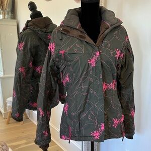 Salomon Women's Olive Green and Brown Ski Jacket with Pink Floral Print